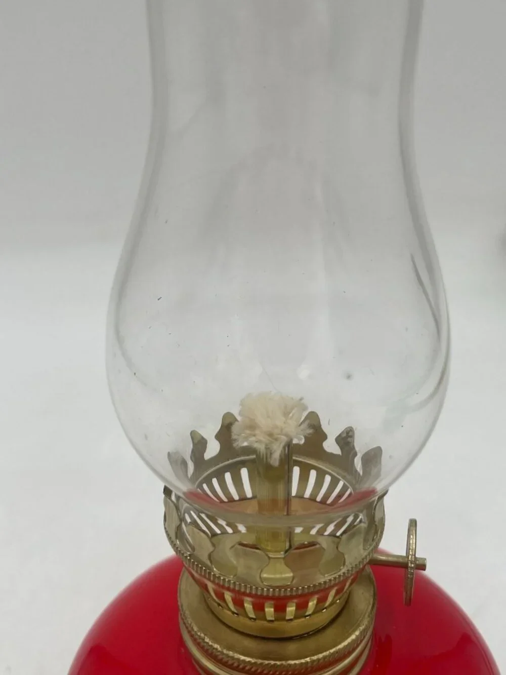 Vintage Red Glass Oil Lamp Brass Burner & Clear Chimney 10 Inches Tall